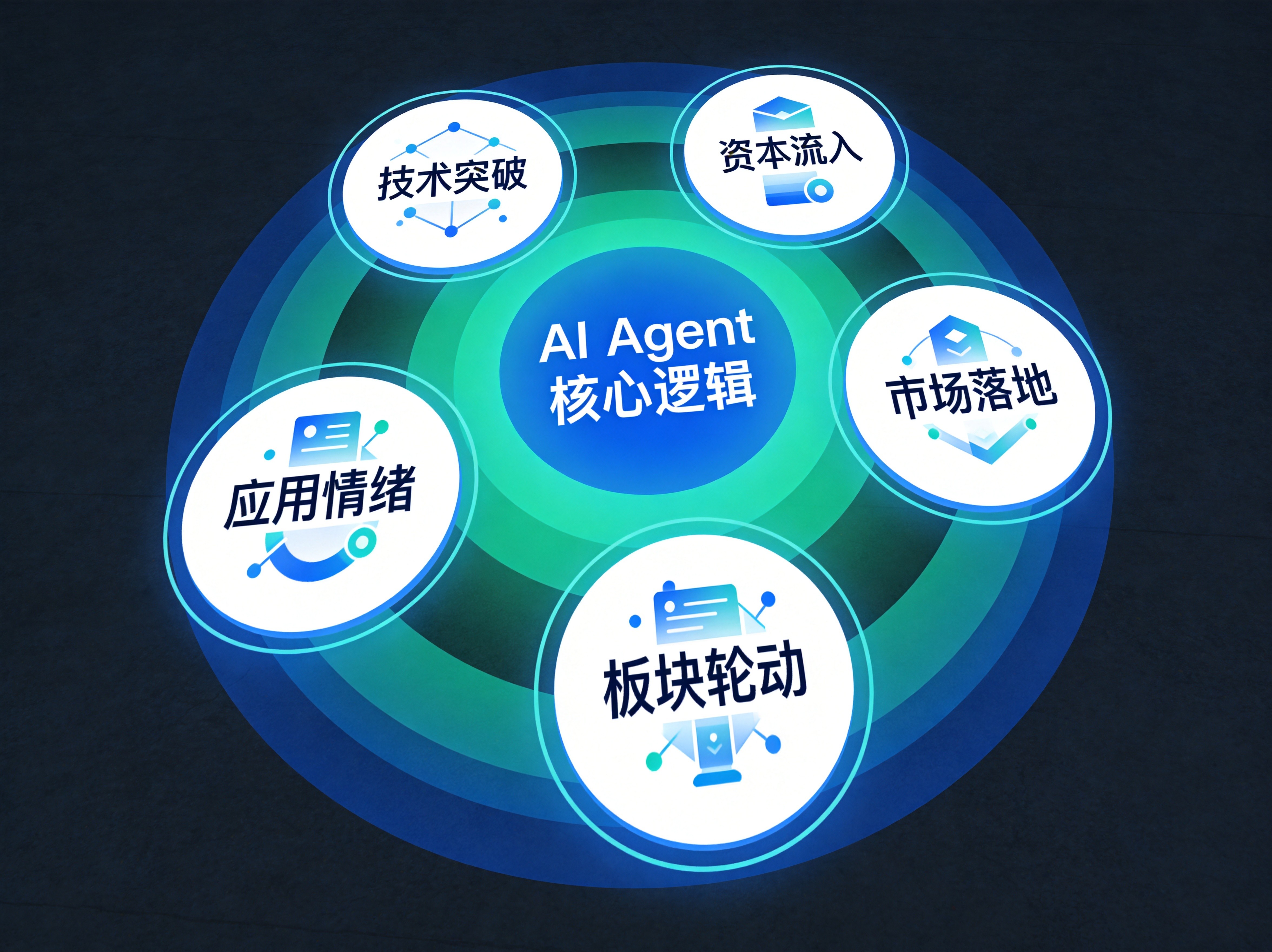 蓝绿色投资策略示意图,展示技术突破、资本流入、应用落地、市场情绪、板块轮动五大核心逻辑 蓝绿色投资策略示意图,展示技术突破、资本流入、应用落地、市场情绪、板块轮动五大核心逻辑