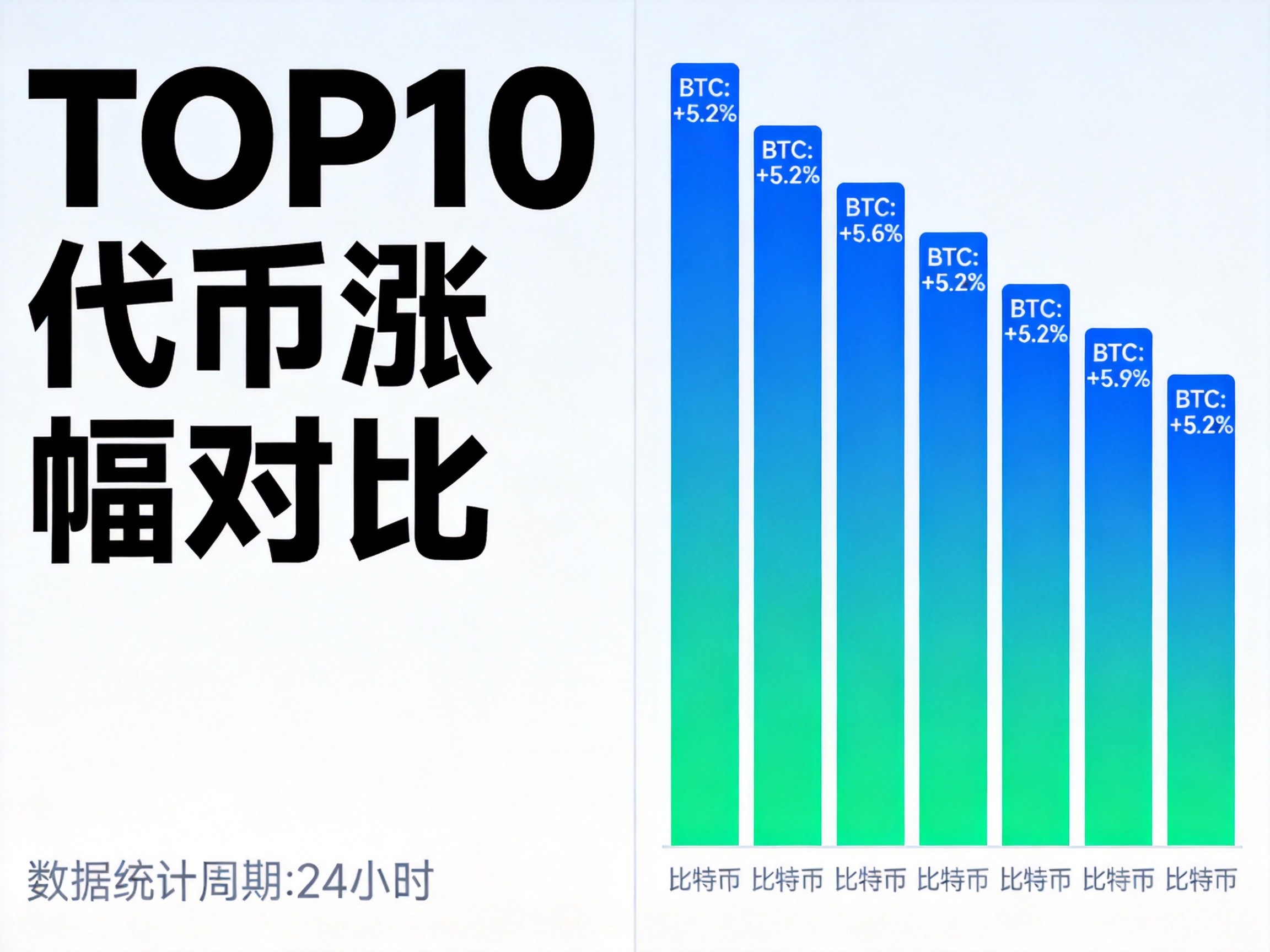 蓝绿色柱状图展示TOP10代币涨幅对比,标注代币代码和百分比 蓝绿色柱状图展示TOP10代币涨幅对比,标注代币代码和百分比