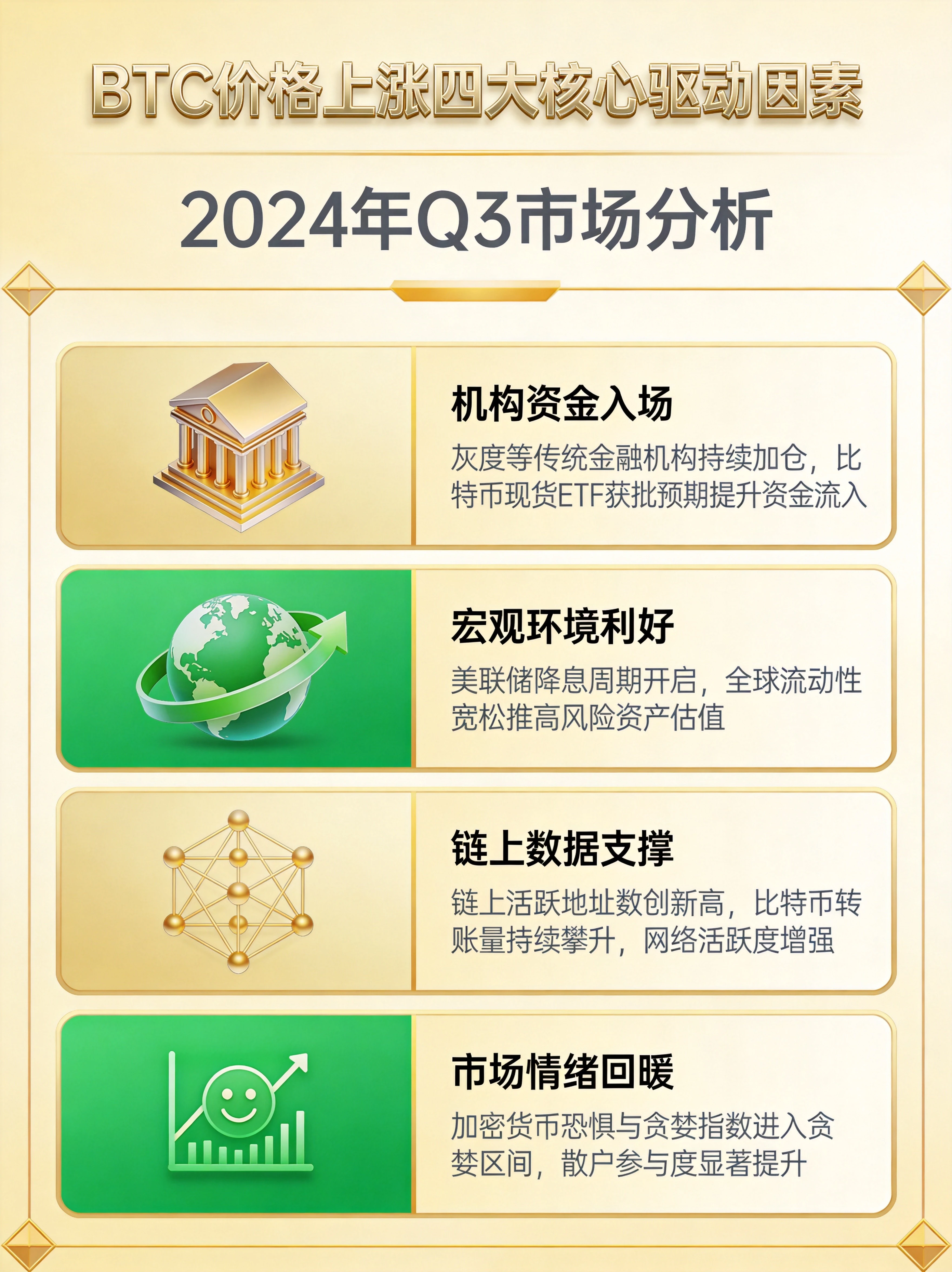 BTC价格上涨四大核心驱动因素图,展示机构资金入场、宏观环境利好、链上数据支撑、市场情绪回暖四个方面的推动力量 BTC价格上涨四大核心驱动因素图,展示机构资金入场、宏观环境利好、链上数据支撑、市场情绪回暖四个方面的推动力量