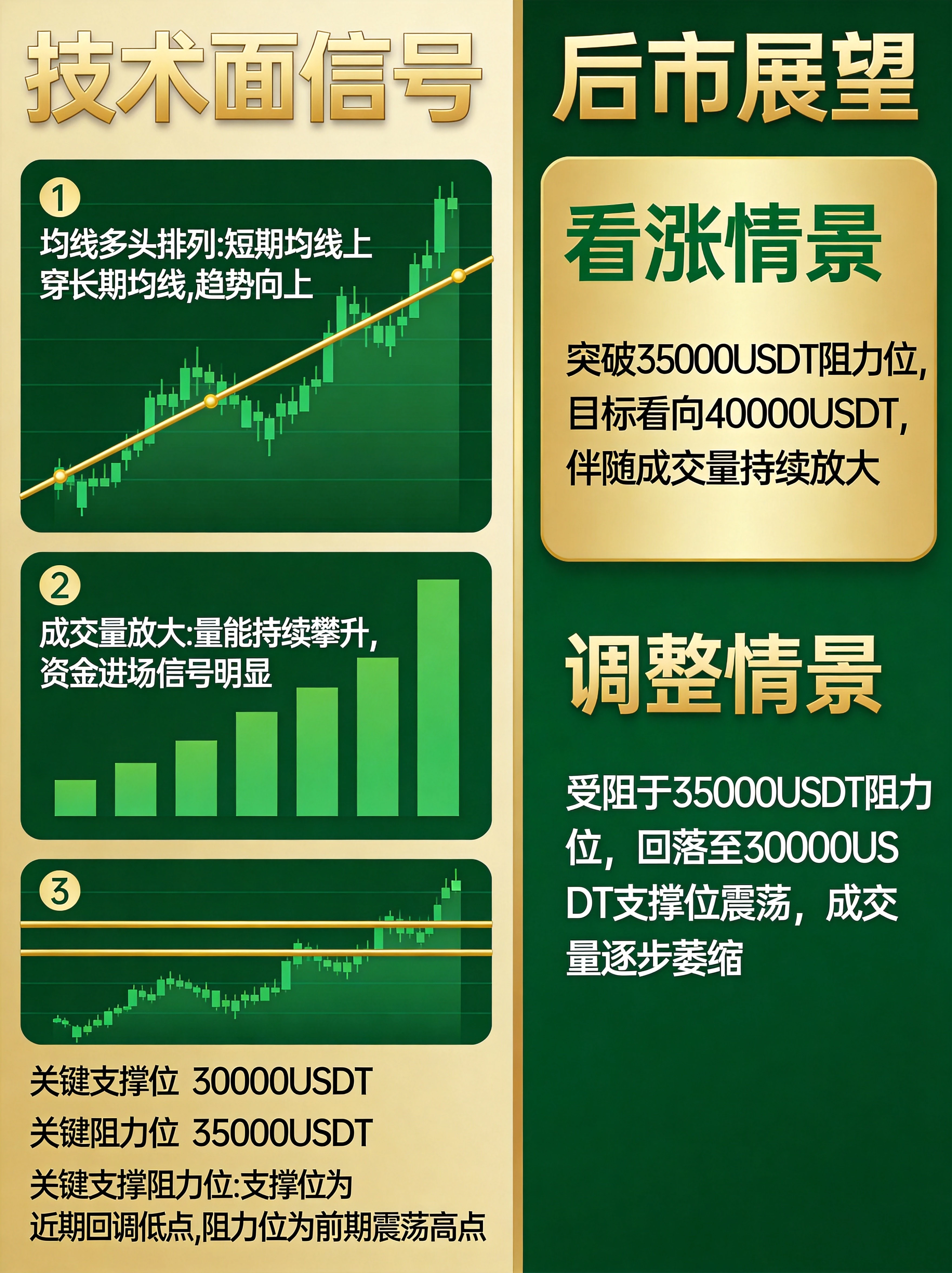 BTC行情技术分析与后市展望信息图,展示均线多头排列、关键支撑阻力位等技术信号,以及看涨和调整两种后市情景分析 BTC行情技术分析与后市展望信息图,展示均线多头排列、关键支撑阻力位等技术信号,以及看涨和调整两种后市情景分析