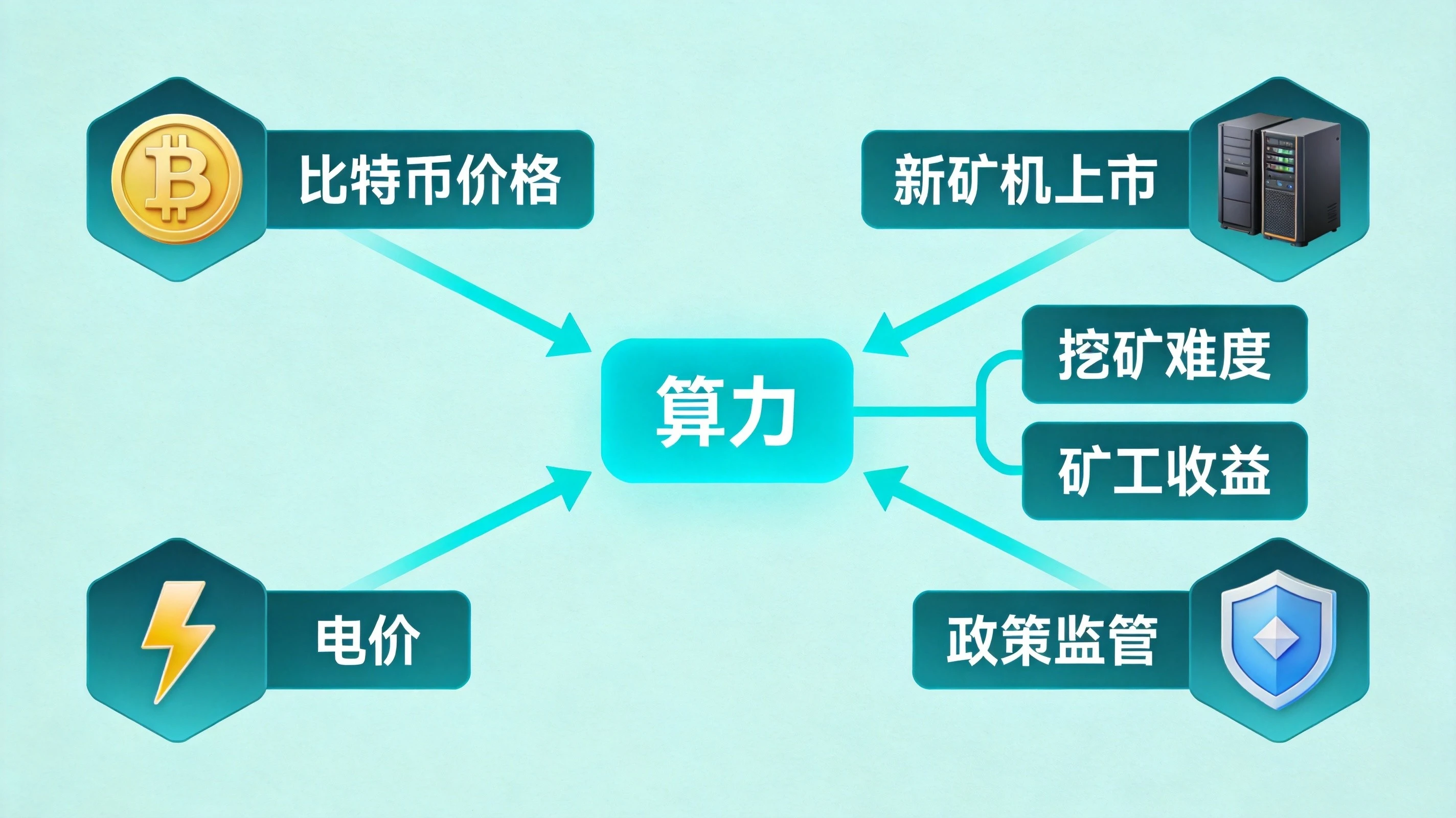 比特币算力变化核心逻辑关联图,清晰呈现比特币价格、电价、新矿机上市、政策监管四个核心驱动因素,以及它们与算力、挖矿难度、矿工收益之间的传导逻辑,帮助读者理解算力变化的底层因果关系 比特币算力变化核心逻辑关联图,清晰呈现比特币价格、电价、新矿机上市、政策监管四个核心驱动因素,以及它们与算力、挖矿难度、矿工收益之间的传导逻辑,帮助读者理解算力变化的底层因果关系